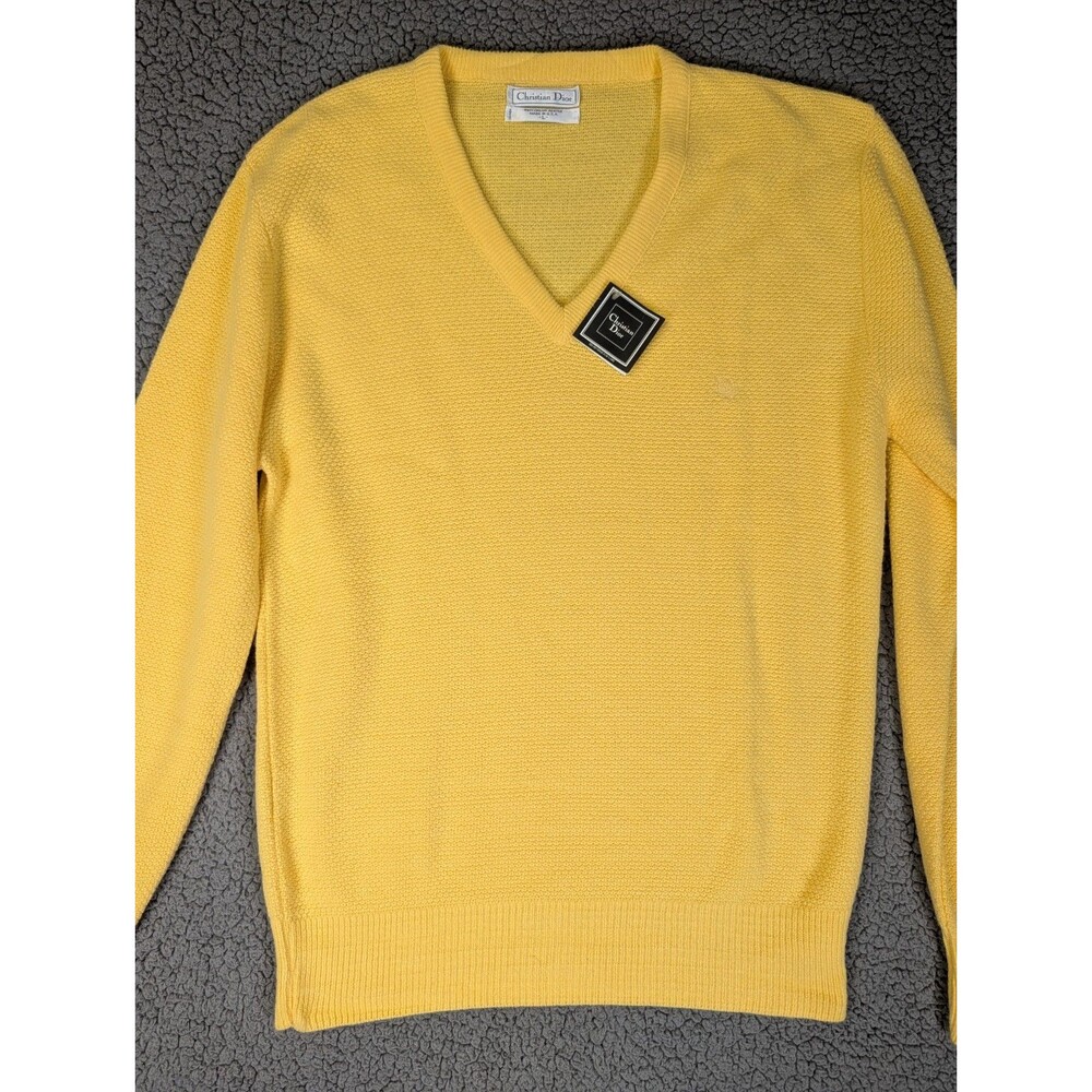 Vintage Christian Dior 100% Orlon Acrylic V-Neck Yellow V Neck Sweater Men’s L